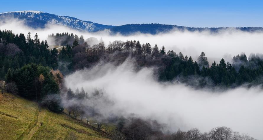 Coronavirus-COVID-19: Osservando una valle con della foschia quasi immobile.