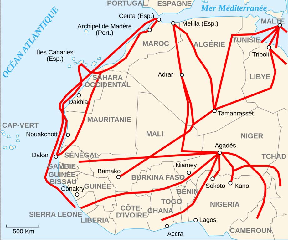 Wikipedia Migrant routes: Dirkou: 50 migrants die crushed by too heavy a truck that overturns as it trudges towards the Tumu Pass, on the border between Libya and Niger... a boy from Ghana is mauled by a pack of wild dogs in front of his fellow travelers in Madama, the border between the two countries ... three Nigerian girls died of thirst a day from Tumu and 15 others collected in dying ... No one, however, knows how many bodies are really buried by the sand, far from the routes indicated by the maps: passengers killed by fatigue, accidents or robbed and left in the dunes by traffickers who should have brought them home .... I saw 44 of the 50 travelling companions we left with die with my own eyes. We stayed two weeks in the middle of the desert, without water or food. The two Sudanese drivers had abandoned us in the desert. They said they were waiting, that two more cars would arrive to continue the journey. But they only arrived two weeks later.